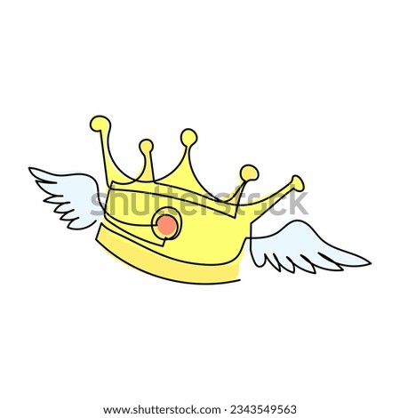 Single continuous line drawing flying crown with wings. Classic King crown badge with wings. Creative logo illustration design element for. Dynamic one line draw graphic design vector illustration