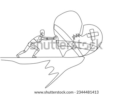 Single continuous line drawing robot pushes the symbol of giant broken heart from the edge of the cliff. Throw away broken hearts. No grudges. Future technology AI. One line design vector illustration