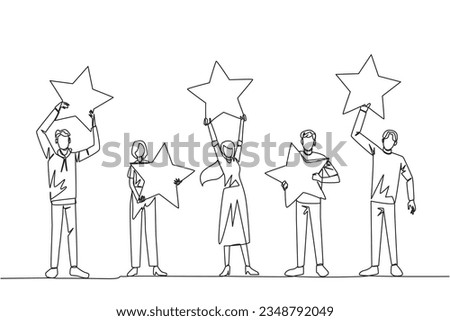 Single continuous line drawing a group of three men and two women raised their respective stars. Give positive feedback and the best review. 5 star. Online shop. One line design vector illustration