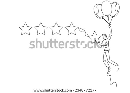 Single one line drawing young happy man flying in a balloon carries 1 star and wants to align it with the other 4 stars. Trying to give a perfect rating. Continuous line design graphic illustration