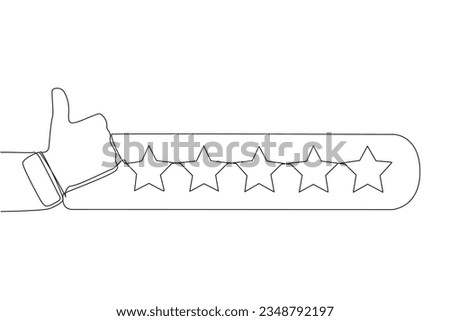 Single one line drawing thumbs up next to 5 stars. Star rating. Positive review. Feedback concept. Buyer experience. Customer review rating. Ecommerce. Continuous line design graphic illustration