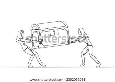 Single continuous line drawing two egoistic businesswoman fighting over treasure chest. Feel most entitled to the discovery of treasure. Rivalry and competition. One line design vector illustration