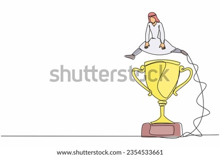 Single continuous line drawing Arab businessman jumping over big trophy. Symbolization of business challenge conquer. Success or victory, winning prize award. One line draw design vector illustration