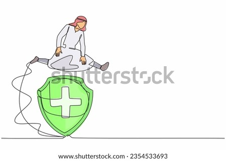 Single one line drawing Arabian businessman jumping over big shield. Financial insurance for future protection. Fund safety, bank deposit assurance. Continuous line design graphic vector illustration