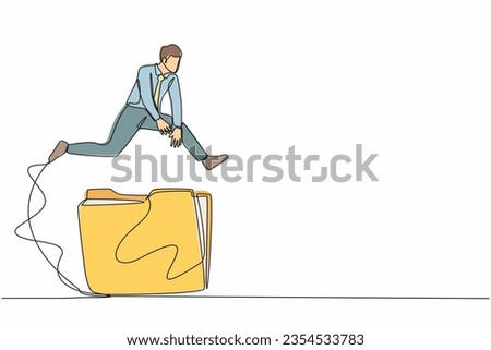 Continuous one line drawing businessman jumping over big folder icon. Office paper document and file folders. Analysing and researching creative process. Single line design vector graphic illustration