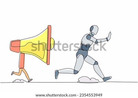 Continuous one line drawing stressed robot being chased by megaphone. Robot in loud screaming for mass communication. Humanoid robot cybernetic organism. Single line draw design vector illustration
