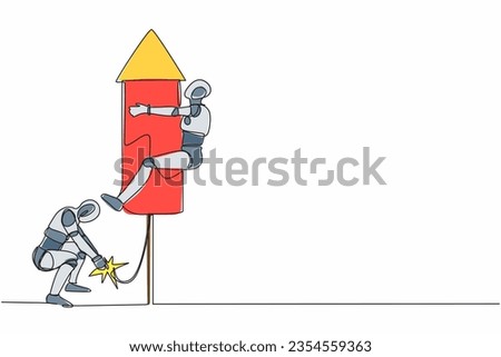 Single one line drawing robot ignite firework rocket while his teammates prepare to fly on the rocket. Modern robotic artificial intelligence. Continuous line draw design graphic vector illustration