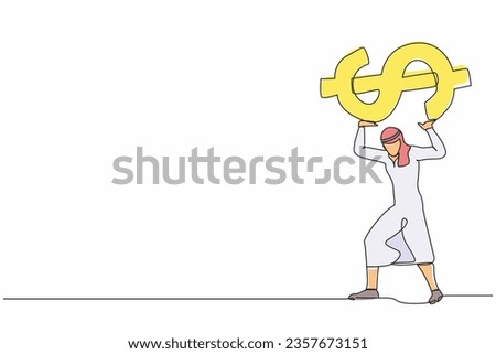 Continuous one line drawing Arabian businessman carry heavy dollar symbol on his back. Overworked office manager due to economic crisis, debt pressure. Single line design vector graphic illustration