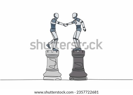 Single one line drawing robot leader shaking hand on rook chess. Collaboration strategy in tech industry. Modern robot artificial intelligence. Continuous line draw design graphic vector illustration