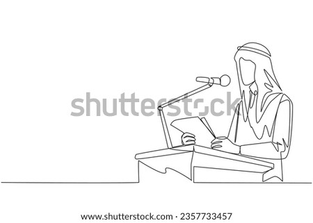Single continuous line drawing Arab businessman speaking on podium holding piece of paper. Make welcoming speech. Entrepreneur has a new business branch. Happiness. One line design vector illustration