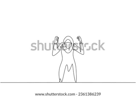 Single one line drawing Arabian businesswoman kneeling like praying. Lost hope. Businesses will bankrupt if fail to get bona fide clients. Gesture of surrender. Continuous line graphic illustration