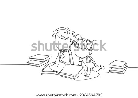 Continuous one line drawing kids reading books happily. Good reading interest. Really enjoy reading story books. Reading everywhere. Book festival concept. Single line draw design vector illustration