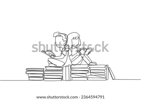 Single one line drawing kids sitting relaxed reading a book on pile of books. Relax while reading fiction books. Enjoy the storyline. Book festival concept. Continuous line design graphic illustration