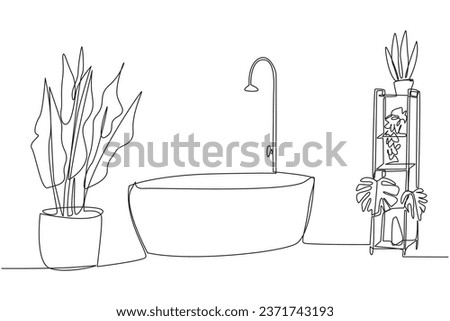 Continuous one line drawing stylish bathroom with furniture modern. bathroom in the staycation location. Natural feel. Maintain neatness and cleanliness. Single line draw design vector illustration