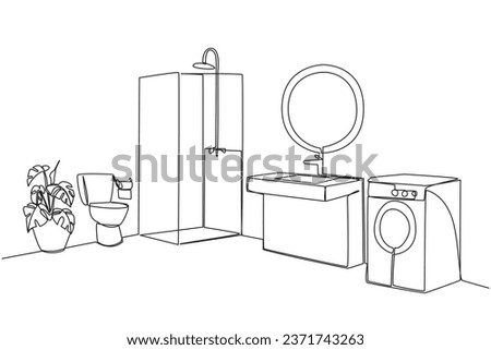 Continuous one line drawing minimalist layout in one image. There is a washing machine, shower and toilet in the same room. Neat and clean. Minimalist. Single line draw design vector illustration