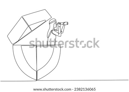 Single continuous line drawing Arab businessman emerges from shield look for something with binoculars. Look for most effective way to ward off cyber crime attacks. One line design vector illustration