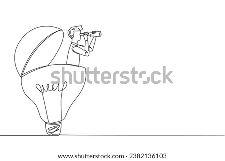 Continuous one line drawing businessman emerges from lightbulb look for something through binoculars. Selection of bright ideas to develop new businesses. Single line draw design vector illustration