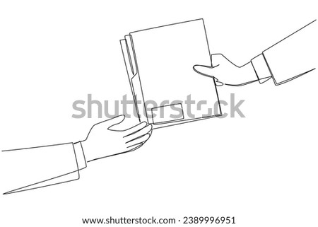 Continuous one line drawing hand gives document folder. Concept of sharing work data. Provide work that must be completed right away. Tidying up documents. Single line draw design vector illustration