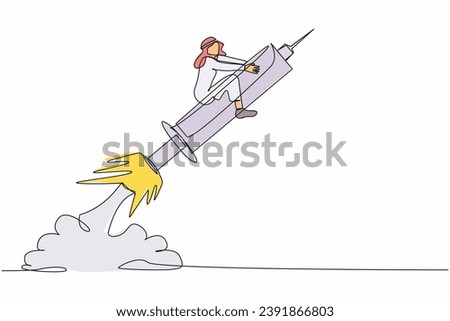 Continuous one line drawing active Arabian businessman riding syringe rocket flying in sky. Concept of boosting health, vaccines, viruses, medicine. Single line draw design vector graphic illustration