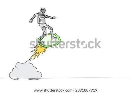 Single one line drawing young astronaut riding shield rocket flying in moon surface. Spaceship company protection and security. Cosmic galaxy space concept. Continuous line draw design graphic vector