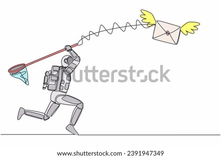 Continuous one line drawing of young astronaut try to catching flying mail with butterfly net. Message from spaceship exploration. Cosmonaut outer space. Single line graphic design vector illustration