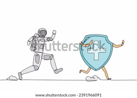 Single one line drawing young astronaut run chasing shield in moon surface. Security for spaceship industry protection. Cosmic galaxy space concept. Continuous line graphic design vector illustration