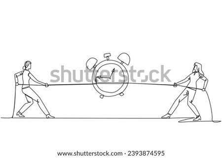 Single continuous line drawing two businesswomen fighting over an alarm clock. Competition to get rare antique clocks. Put in all the best efforts. Battle. Versus. One line design vector illustration