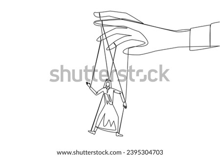 Single one line drawing Arab businessman walks by being moved by ropes controlled by a giant hand above. Like a puppet. Cannot have big impact on business. Continuous line design graphic illustration