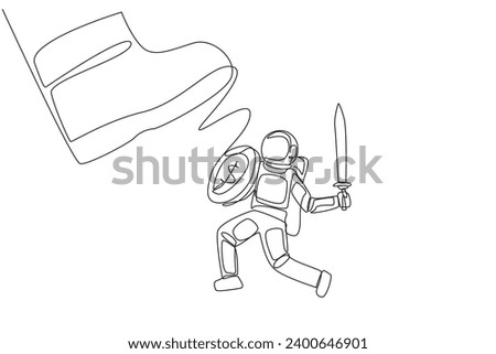 Single one line drawing astronaut tries to ward off the giant foot that wants to step on him. Anything is done to make the space expedition run smoothly. Continuous line design graphic illustration
