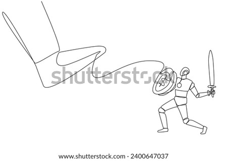Single continuous line drawing smart robot tries to ward off the giant foot that wants to step on it. Designed to be ready to fight for company profits. Future. One line design vector illustration