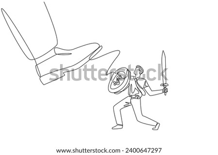 Continuous one line drawing businessman tries to ward off the giant foot that wants to step on him. Big investor destroy market prices. Preventive measure. Single line draw design vector illustration