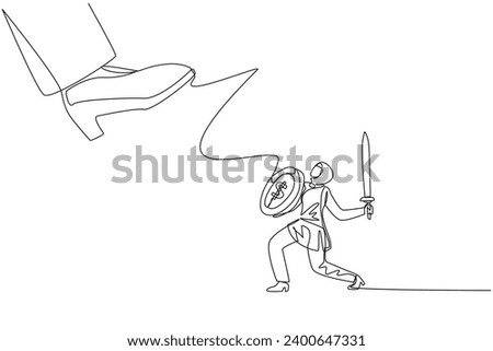Continuous one line drawing Arab businesswoman tries to ward off giant foot wants to step on her. Fierce battle to get potential big clients. Struggle. Single line draw design vector illustration