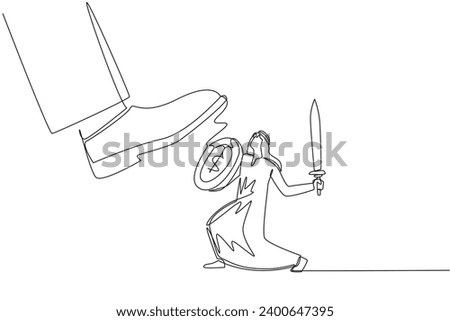 Single continuous line drawing Arab businessman tries to ward off giant foot wants to step on him. Fight against the detrimental rules of tyrannical sovereigns. One line design vector illustration