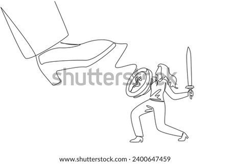 Single continuous line drawing businesswoman tries to ward off the giant foot that wants to step on her. Fighting arch enemies to gain profits. Preventive measure. One line design vector illustration