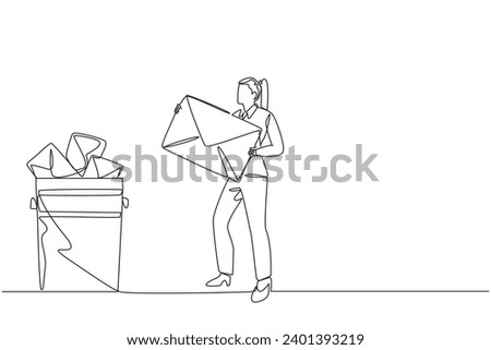 Single continuous line drawing businesswoman throw the large envelope in the trash. Delete many messages. Meet storage quota. Avoid spam. Clean digital memory. One line design vector illustration