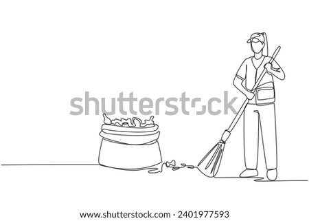 Continuous one line drawing trash woman cleaning trash with broom. There is a large piece of plastic trash nearby. Clean fresh air, does not pollute lungs. Single line draw design vector illustration