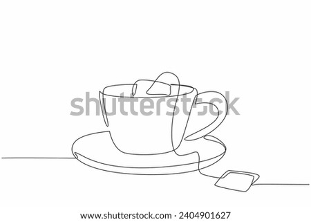 One line drawing of tea in beauty porcelain saucer cup, National Hot Tea Day. A glass tea bag soothing blend and aromatic. 12 January. Worldwide event