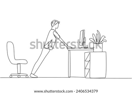 Continuous one line drawing man do push up movements by holding edge of work table. Stretch to get sweat on. Eyes focused on LCD monitor screen. Thinking. Single line draw design vector illustration