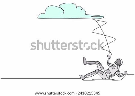 Single continuous line drawing of unlucky young astronaut falling from cloud sky. Loses spaceship business project. Discovery failure. Cosmonaut deep space. One line graphic design vector illustration