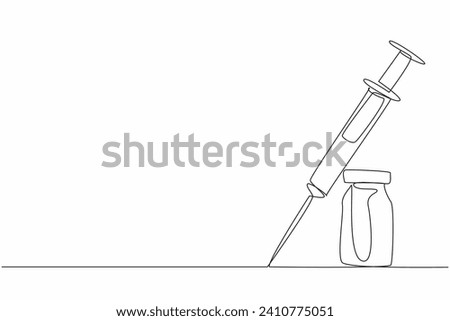 Single continuous line drawing of syringe injection laying on vaccine glass tube. Vaccine formula to cure pandemic illness. Medical healthcare conceptual. National Pharmacist Day. Vector illustration