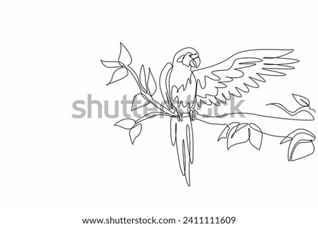 National Bird Day. One continuous line drawing of cute parrot bird stretching one of its wings and perched at tree branch in local zoo. Macaw bird showing off its beautiful feather. Vector art graphic