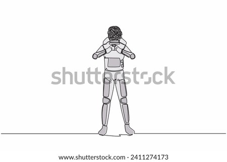 Single one line drawing astronaut with round scribbles instead of head. Sign crossing fingers forming x. Cross, wrong or banned. Cosmic galaxy space. Continuous line graphic design vector illustration