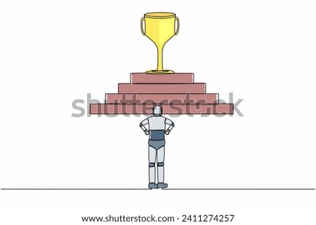 Continuous one line drawing robot standing in front of staircase with trophy cup on the top. Path to success. Humanoid cybernetic organism. Robotic development. Single line design vector illustration