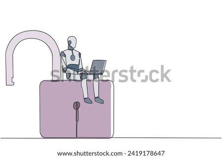 Single continuous line drawing robotic artificial intelligence sitting on big open padlock typing laptop. Hacker robots hack multiple accounts for abuse. Criminal. One line design vector illustration