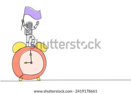 Continuous one line drawing young astronaut standing on giant alarm clock holding fluttering flag. Alarm clock went off as signal to prepare for returning home. Single line design vector illustration
