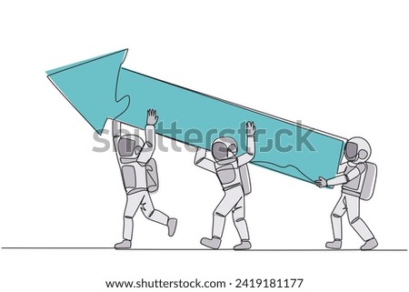 Single one line drawing three astronauts raised the big arrow together. With teamwork making graphics can improve.  Deep space astronaut concept. Cosmonaut. Continuous line design graphic illustration