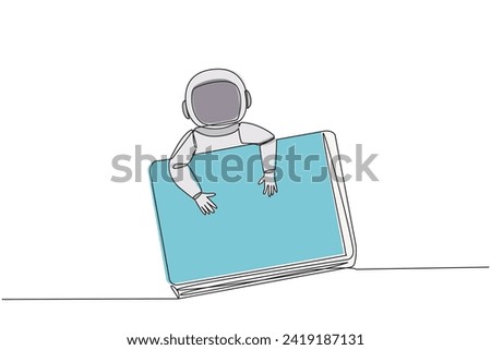 Continuous one line drawing young astronaut hugging laptop. Prepare to transmit data needed by team on earth. Processing of water discovery data on moon. Single line draw design vector illustration