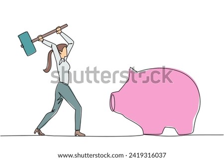 Single one line drawing businesswoman hits big piggy bank with big hammer. Responsible for paying off all bills by taking savings. Struggle for business. Continuous line design graphic illustration