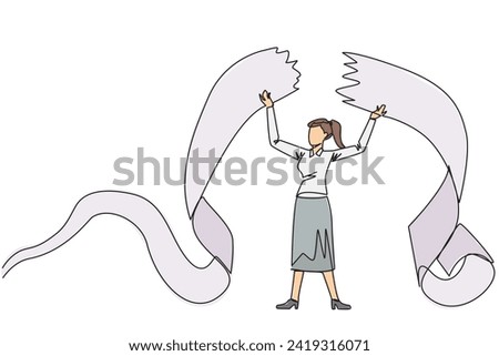 Continuous one line drawing businesswoman tore off billing paper held above his head. Failing to pay bills makes a businesswoman full of emotions. Failure. Single line draw design vector illustration
