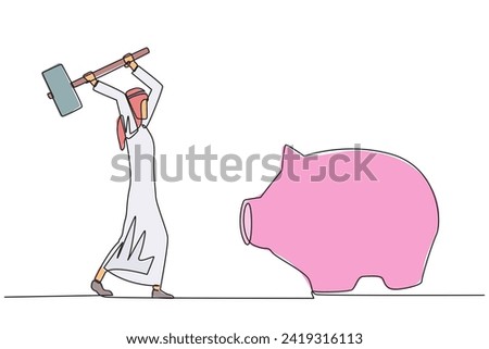 Single one line drawing Arab businessman hits big piggy bank with big hammer. Responsible for paying off all bills by taking savings. Struggle for business. Continuous line design graphic illustration